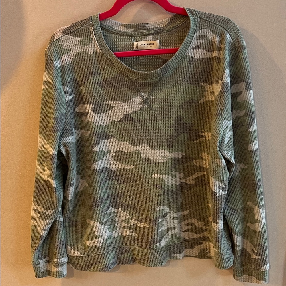Lucky Brand Olive & Cream Camo Waffle-Knit Crew Top